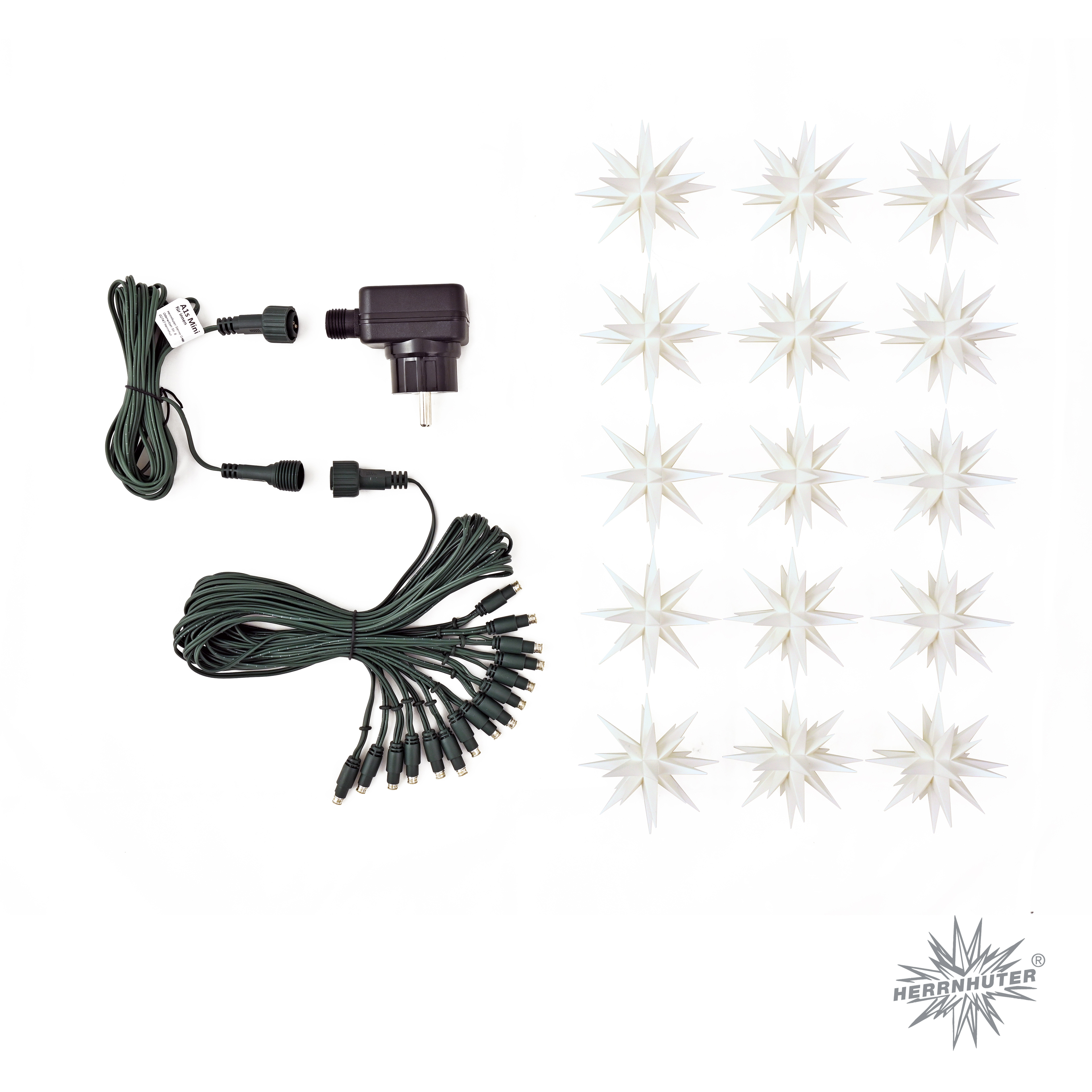 Miniatur Sternenkette, weiss mit 15 Sternen, ø 8cm, mit LED